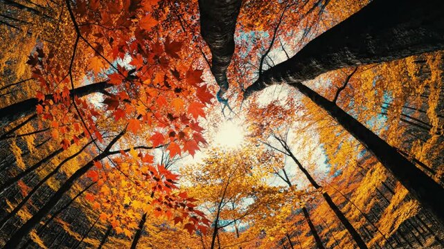 Looking Up Through Trees in Autumn: Sunlight Illuminating Fall Foliage in a Forest Setting