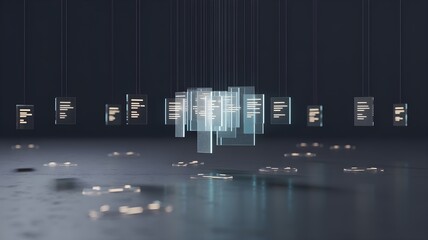 Plakat A holographic digital agent interface hovering above a surface with scattered coin and node icons, representing autonomous commerce decision and transaction orchestration.