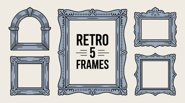 An assortment of five vintage style picture frames are displayed featuring ornate details and a light blue hue high quality professional detailed modern elegant stylish clean