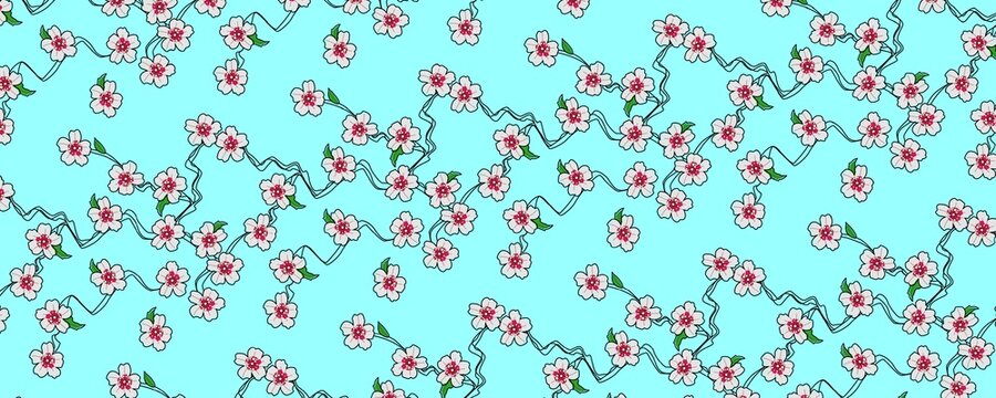 Decorative Floral Pattern with White Cherry Blossoms and Green Leaves on Light Blue Background for Spring Decor 