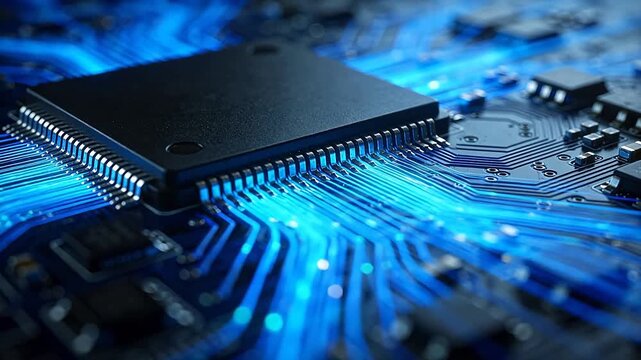 Close-up of electronic circuit board with black chip and blue light paths