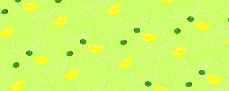 Retro Martini Glass and Lemon Slice Pattern with Olives on Lime Green Background for Party and Bar Branding 