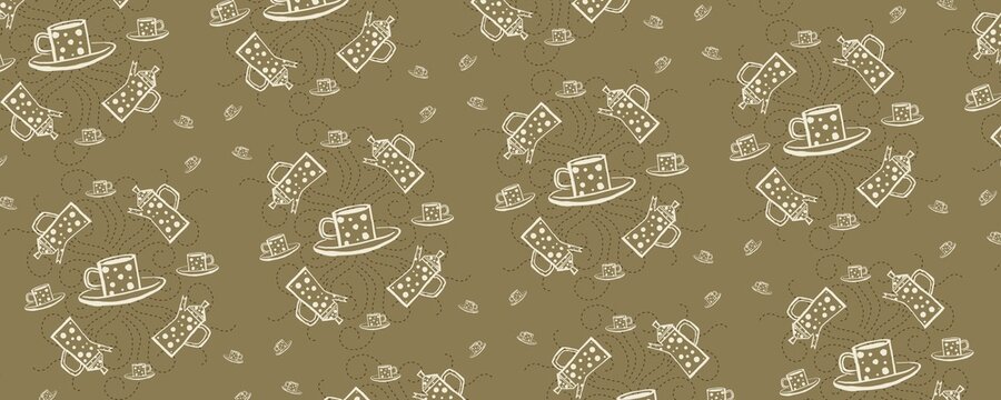 Vintage Hand Drawn Coffee Pot and Cup Pattern on Olive Green Background for Cafe Kitchen and Restaurant Decor 
