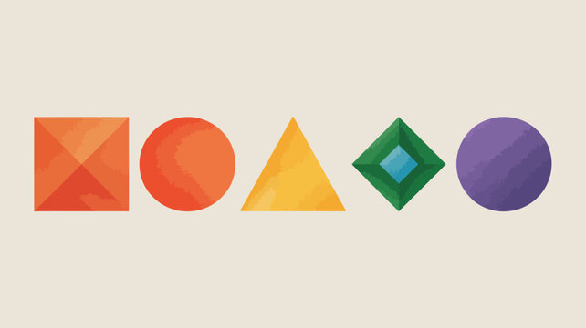 A vibrant row of geometric shapes is displayed against a neutral beige background showcasing diverse colors and forms high quality professional detailed modern elegant stylish clean