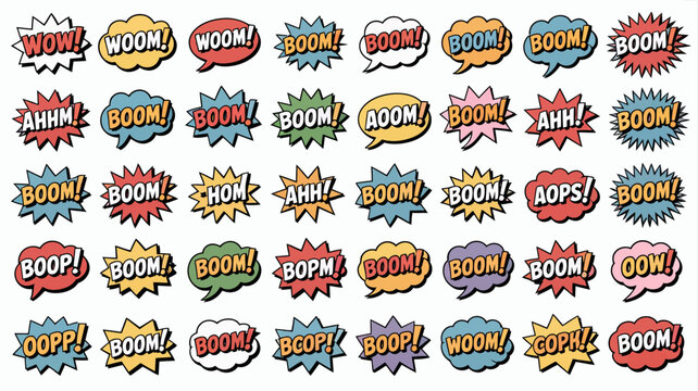 A vibrant collection of colorful comic book speech bubbles filled with onomatopoeic words like boom wow and aahhm high quality professional detailed modern elegant stylish clean