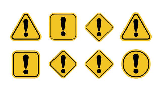A collection of yellow warning signs with black exclamation points displayed in various geometric shapes and orientations high quality professional detailed modern elegant stylish clean crisp