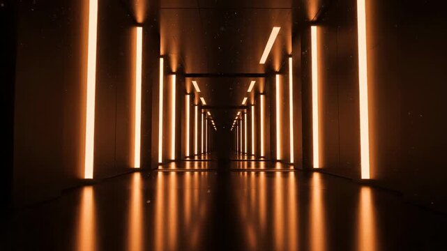 Futuristic dark corridor with vertical orange neon lights and reflective floor in a science fiction setting.