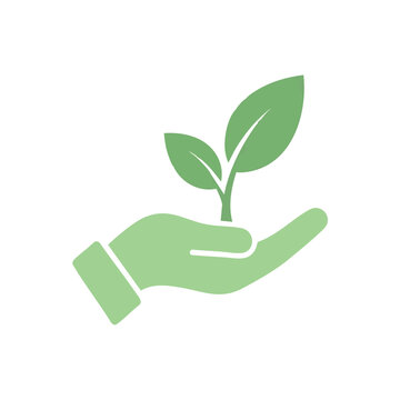 Eco friendly icon, green hand holding plant, sustainability symbol, environmental care