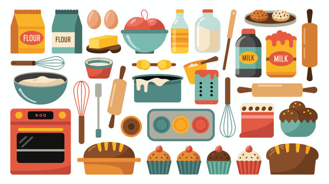 A colorful collection of baking ingredients and tools is displayed including flour eggs milk and various baking utensils high quality professional detailed modern elegant stylish clean
