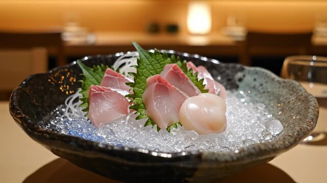 Fresh japanese sashimi platter with raw yellowtail and scallop served on a bed of crushed ice.
