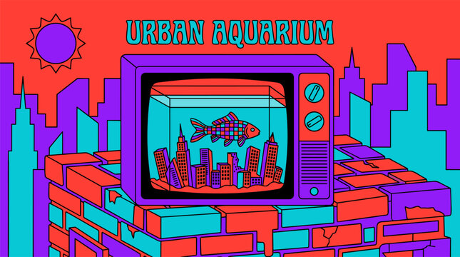 Vintage TV Aquarium with Checkered Koi Fish and Mini Skyscrapers Pop Surrealism Flat Illustration with Bold Outlines