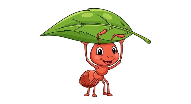 Cartoon ant holding a green leaf with a cheerful expression