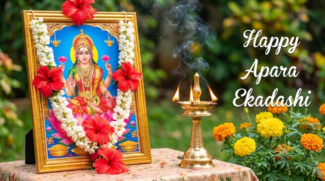 Apara Ekadashi A serene and inviting spiritual corner dedicated to Apara Ekadashi prayers, featuring a brightly polished brass oil lamp (diya) casting
