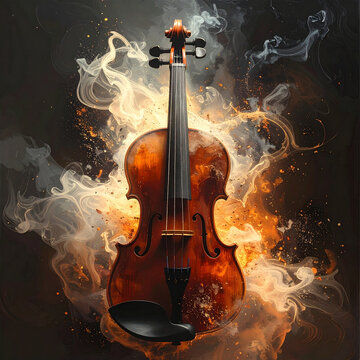 Vector violin dissolving into abstract smoke and musical shapes