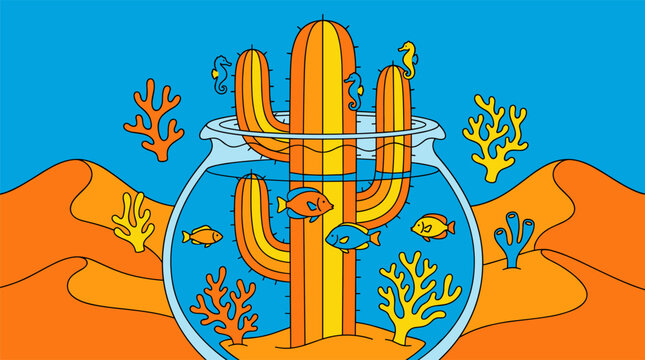 Desert Saguaro Cactus in Goldfish Bowl with Tropical Fish Pop Surrealism Flat Illustration with Bold Outlines