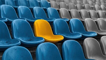 Fototapeta premium Empty stadium seats, one stands out in bright yellow