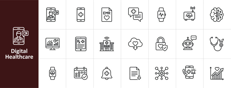 Digital Healthcare and Telemedicine Line Icon Set - Minimalist Medical Tech and Health Tracking Vector Illustrations