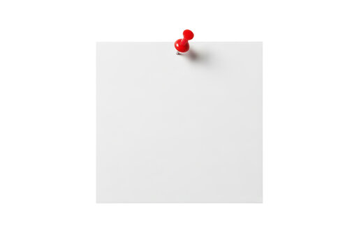 Blank white paper note pinned with red push pin isolated on transparent background