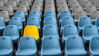 Obraz premium Rows of empty stadium seats, some blue, one yellow, others grey