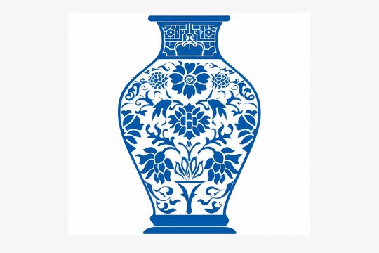 Chinese porcelain vase vector illustration with blue white floral pattern, symmetrical design, clean lines, flat style on white background