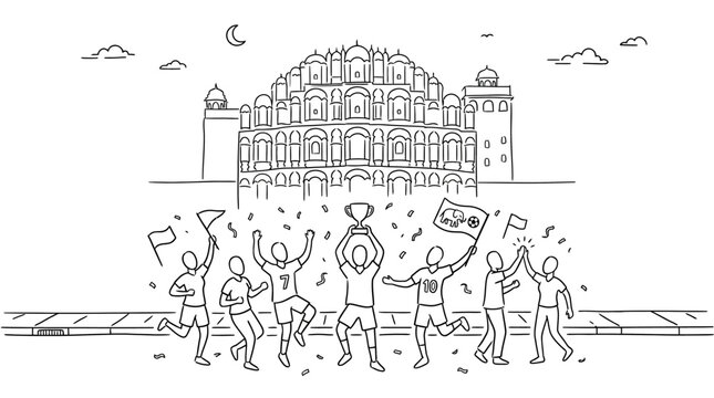 Soccer Team Celebrates Victory in Front of Hawa Mahal