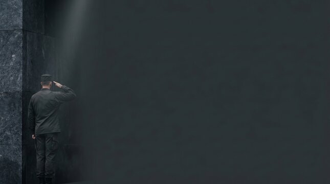 Soldier Saluting in Dark Smoky Space with Single Spotlight | Dramatic Back View of Military Tribute and Honor Guard Silhouette