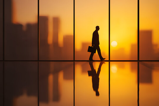 Homme d'affaires marchant dans un immeuble de bureaux moderne au coucher du soleil