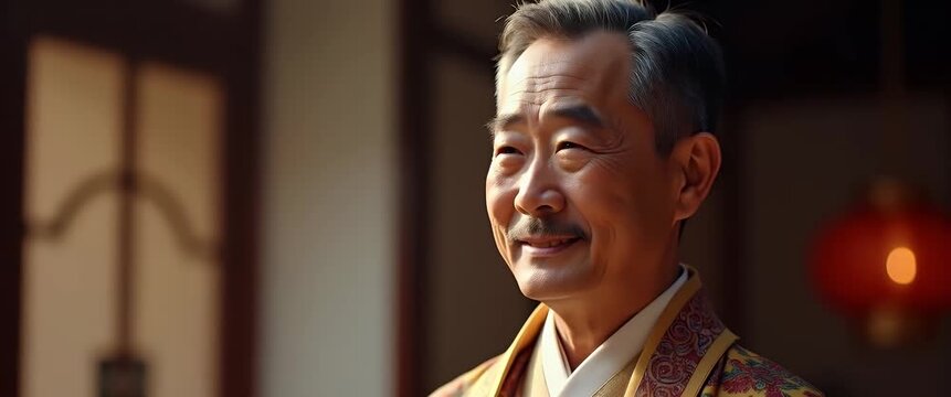 Refined celebration of Asian paternal influence captured through a stately portrait of a father immersed in cultural tradition and elegant family unity in  Photo Stock  Concept  and empty space on the