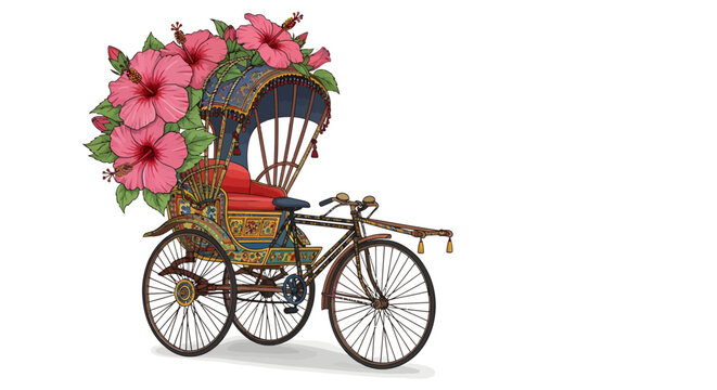 Vintage rickshaw decorated with flowers on white background