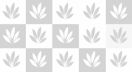 Fototapeta premium Elegant graphic design featuring stylized leaf shapes in a repeating pattern over a soft gray and white checkered background, perfect for modern decor.
