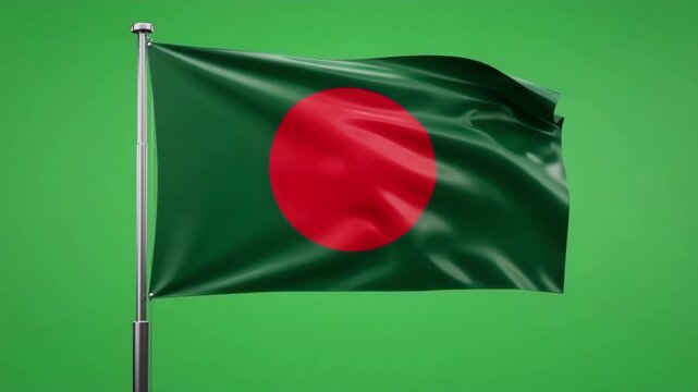 Vibrant Bangladesh flag waving majestically on a flagpole, a national symbol of pride and sovereignty; patriotic Bangladeshi banner on green screen for easy compositing.