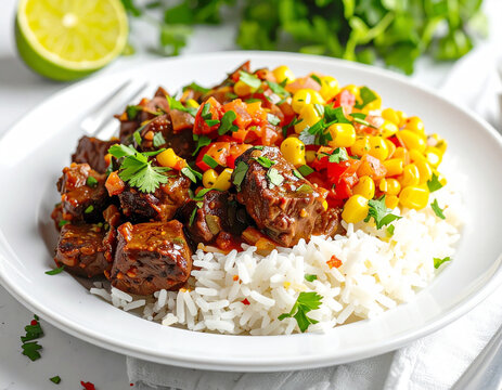 Beef chunks with chipotle corn salsa, rice, white plate. AI