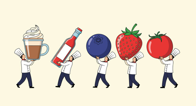 Line of five chefs in uniforms carrying massive food items including a coffee cup, ketchup, blueberry, strawberry, and tomato.