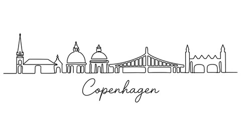 Minimalist continuous line art illustration of the iconic copenhagen city skyline architecture. © Creative_Oneline