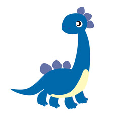 Cute blue cartoon dinosaur with long neck and spikes on its back, isolated on white background. © yeri