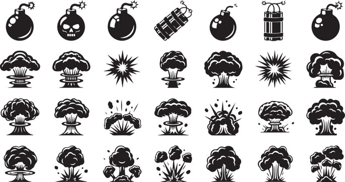 Explosion and bomb collection with various blast effects mushroom clouds and dynamite sticks for comic book design and action illustrations.