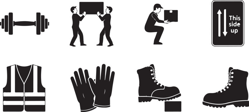Industrial safety and manual handling icons showing workers lifting boxes wearing protective gear including boots gloves and safety vest.