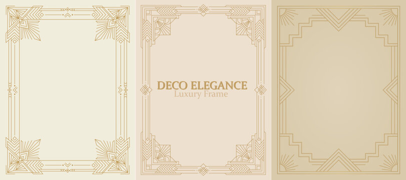 Set of Three Luxury Art Deco Frames with Symmetrical Geometric Line Art and Ornamental Golden Borders