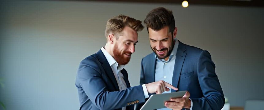 Business team of two busy happy professional business men employees working together standing in corporate office having conversation sharing ideas using laptop computer technology. concept as Two hap
