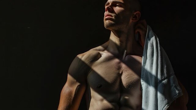 Video A man standing with a towel covering his head, looking surprised or embarrassed