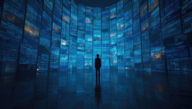 Person stands before vast digital wall of screens, data, and images