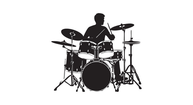 Drummer playing drum kit silhouette with sticks in action.