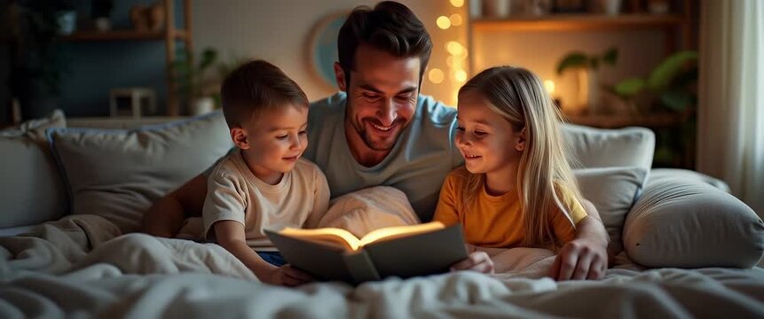 Casual living room shot of father reading bedtime story to children for warm ad with dad and kids connection emphasizing family bonds in  Photo Stock  Concept  and empty space on the left side