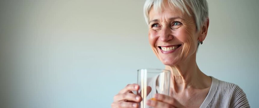Happy healthy woman of middle age talking pill holding glass of water standing at home. Mature 50 years old lady taking vitamin health care supplement morning daily nutrition treatment concept. concep