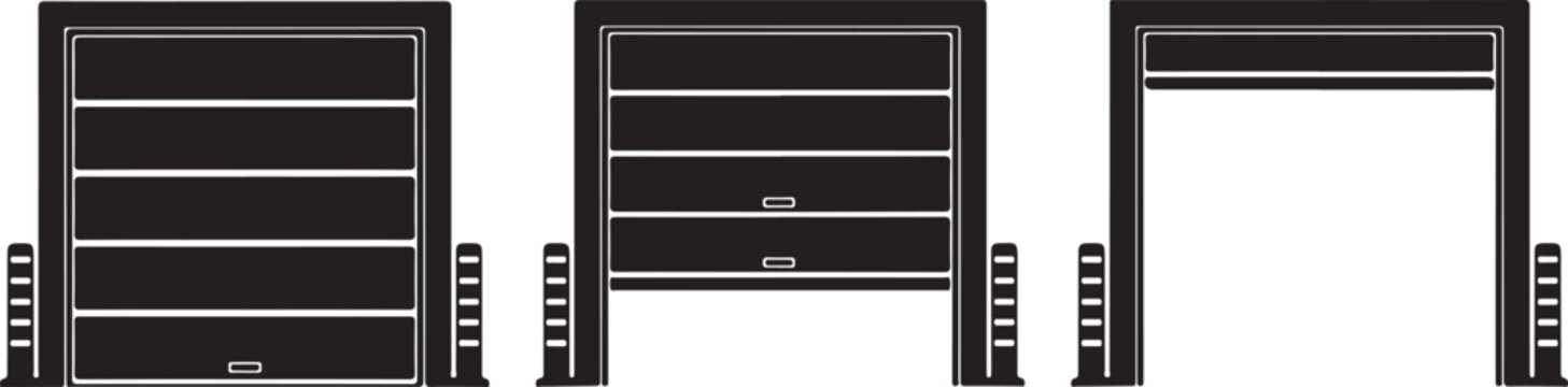 Industrial garage door opening sequence illustration showing black metal roller shutter in closed partially open and fully open stages.
