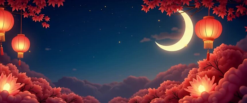 Moon lanterns and starry night border frame with magical copy space for Mid Autumn Festival concept as Enchanting moon lanterns and a starry night sky framing magical space for Mid Autumn Festival wis