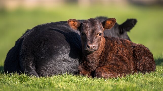 calf. A calf nestles close to its mother in a sunlit pasture. wildlife magazines, conservation campaigns, designed for nature documentaries and education, promotes animal welfare.