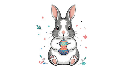 Fototapeta premium Adorable grey and white bunny rabbit holding a colorful decorated easter egg surrounded by beautiful floral motifs.