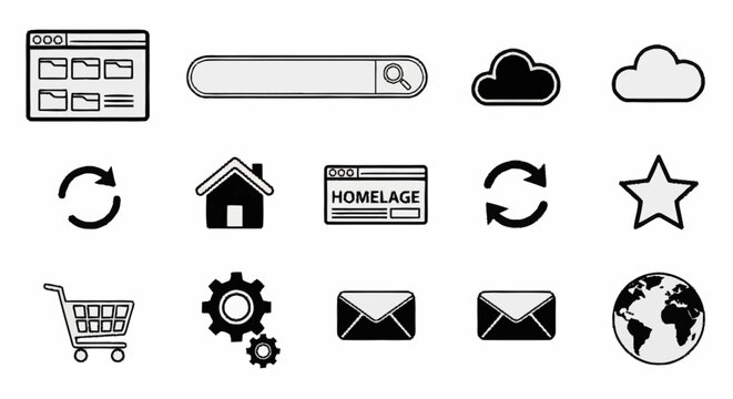 Set of Website Icons - Browser, Search, Cloud, Refresh, Home, Star, Cart, Gear, Email, Globe.