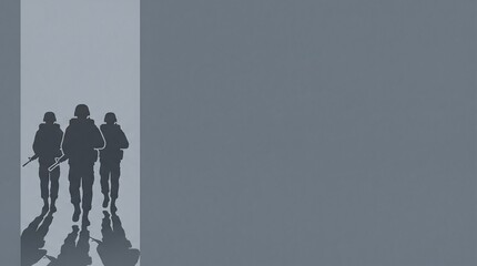 Fototapeta premium Three Soldiers Silhouette Walking on Gray Field with Reflection | Minimalist Military Movement and Remembrance Graphic